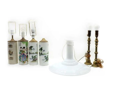 Two pairs of Oriental porcelain lamp bases,  a pair of modern table lamps, and a milk glass hanging pendant lamp (7)Condition