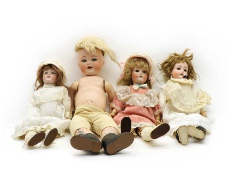 Four bisque head dolls, one moulded 'D 1/2 168 - 8 1/2', 50cm high, and two others, with faint marks to heads, approx 50cm hi