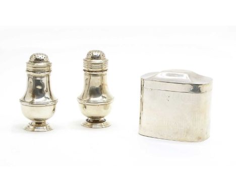 A silver tea caddy, by Keswick School of Industrial Art, Chester 1911, with hinged lid and beaten finish, together with a pai