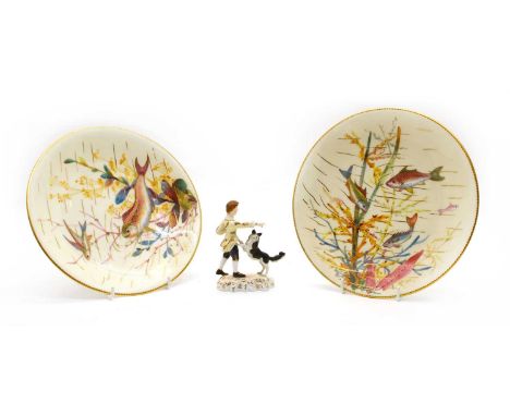 Three Royal Crown Derby porcelain items: a pair of plates painted with fish, one flying!, backstamp in red for Burley &amp; T