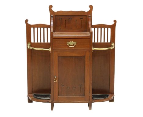 A mahogany hall stand by James Shoolbred & Co, late 19th century, with inlaid floral decoration, the central cupboard flanked