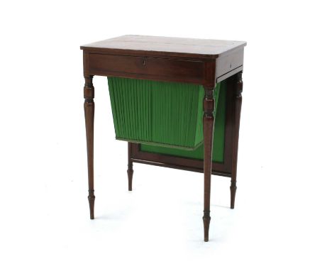 A Victorian strung mahogany work table, with a rise and fall fire screen, a work basket and fitted frieze drawer on turned le
