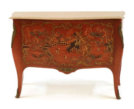 A Louis XV style japanned red serpentine commode, Greek, 1950s, labelled, with a marble top, 120cm wide, 51cm deep, 85cm high