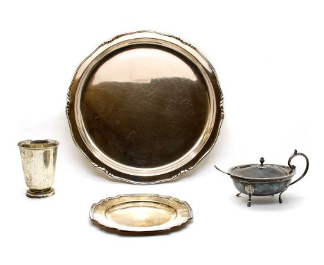 Swedish silver items: the first three by W A Bolin - a circular tray, 1946, 36cm diam., a dish, 1931, 19cm across, a beaker, 