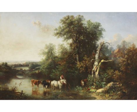 Attributed to George Shalders (1826-1873)A wooded landscape with a figure watering horses and cattle at the edge of a river, 