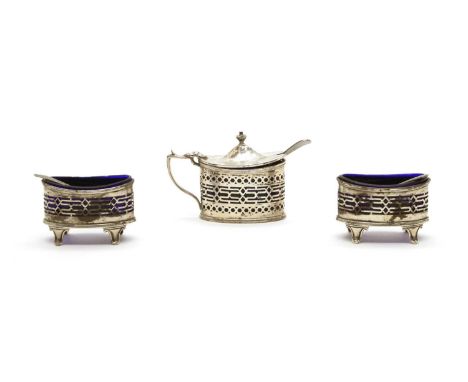 A silver three piece cruet set, comprising a navette form mustard pot, by Haseler &amp; Bill, Chester 1920, 9cm wide, togethe