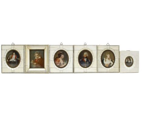 Six miniatures in ivory 'piano key' frames, comprising: a pair - Nelson and Lady Hamilton (after Abbott and Romney), Napoleon