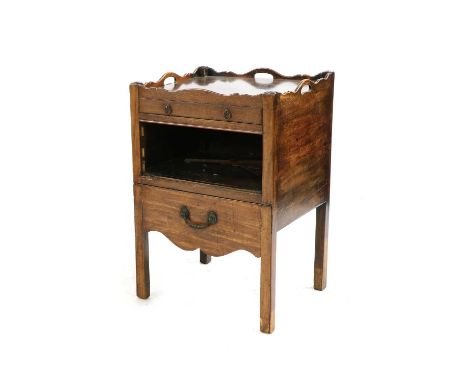 A George III mahogany tray top commode, with open shelf above drawer on square section supports, 54cm wide, 46cm deep, 78cm h