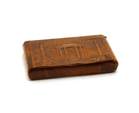 A 19th century French treen snuff box, of rectangular form, the cover decorated with pressed Masonic decoration, with elabora