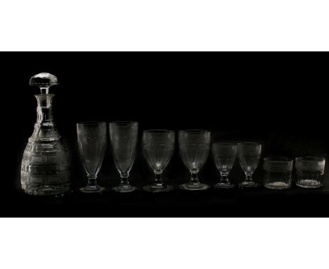 A part suite of Swedish cut glassware by Strombergshyttan, in 19th century style, comprising: a decanter and stopper, 27cm hi