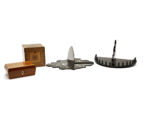Various 19th century items, comprising a rosewood sewing box, penwork box, a pair of ebonised wall brackets and three folding