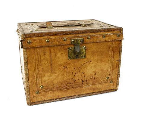 A small leather trunk,39cm wide28cm deep28cm highCondition report: Water damage.One handle mount to lid broken.