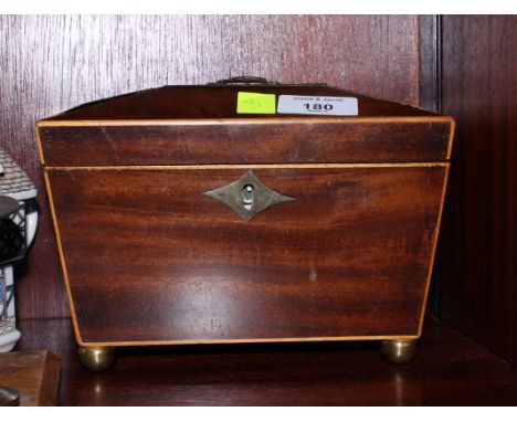 A set of early 20th Century brass letter scales on wooden base with weights and a George III mahogany rectangular sarcophagus