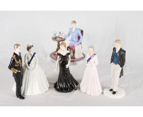 Five Coalport china figures, "A Royal Portrait - Her Majesty the Queen and Prince Phillip", "HM The Queen", "Diana - Forever 
