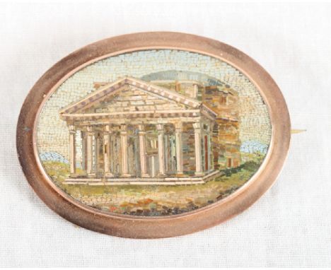 A 19th Century oval micro mosaic panel decorated view of the Pantheon in yellow metal brooch mount