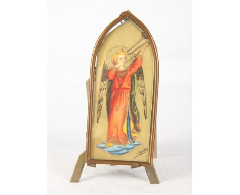 An Italian miniature painting on arched ivory panel, Angel Gabriel blowing his horn, signed, in gilt metal frame and stand