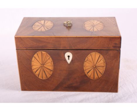 A George III mahogany rectangular tea caddy inlaid satinwood paterae, cedar lined, and another tea caddy with glass mixing bo