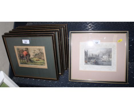 A set of six 19th Century hand-coloured prints, Jorrocks sporting scenes, in strip frames, and a Tombleson print, Datchet Bri