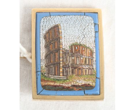 A 19th Century rectangular micro mosaic panel decorated view of the Colosseum with blue border and yellow metal brooch mount 