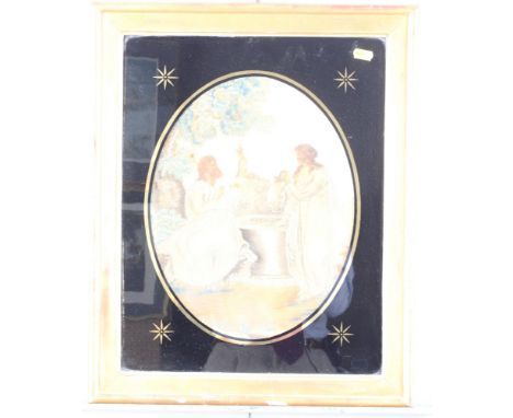A late 18th Century silk embroidered panel, "Rebecca at the Well", in gilt and painted glass mount, 17" x 13", in gilt frame