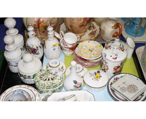 A pair of Paris porcelain scent bottles and matching trinket box, two engraved glass paperweights and other items of decorati