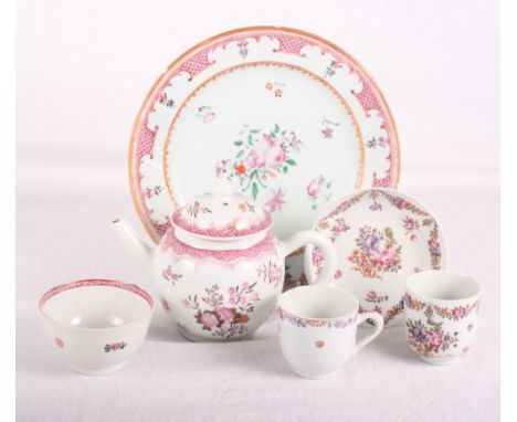 An early 19th Century famille rose porcelain plate, a similar teapot, a tea bowl and stand and two cups