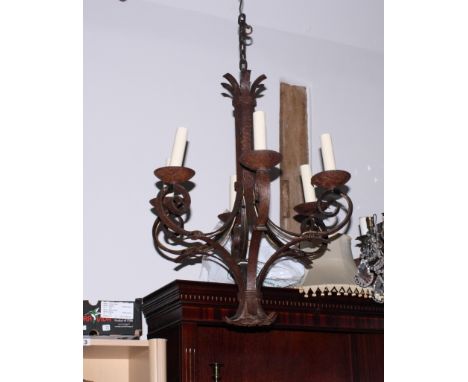 A wrought iron six-branch pendant centre light