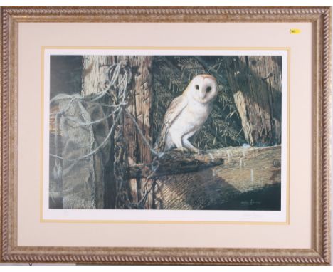 Stephen Cummins: a signed limited edition coloured print, barn owl, 7/10, and a set of four floral coloured prints after Jens