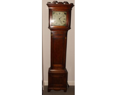 A Georgian oak and inlaid long case clock with enamelled dial and thirty-hour movement by G R Dyson, Henley, 80" high