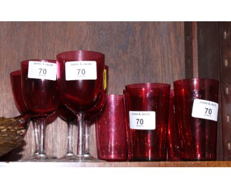 Five 19th Century wine glasses with ruby glass bowls and five ruby glass tumblers