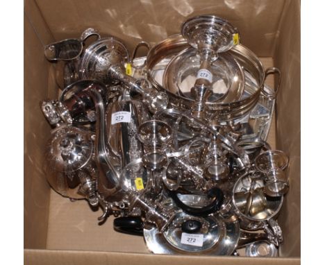 A pair of silver plated three-branch candelabra, an Art Deco plated entrée dish and cover, a plated teaset and other plated i