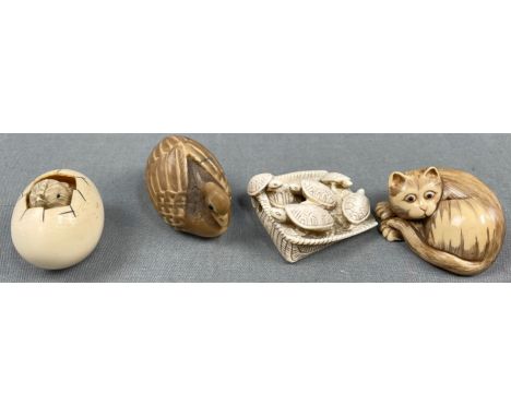 4 Netsuke. Wohl Japan antik.Wohl jeweils mit Marke, signiert? Tiere.4 netsuke. Probably Japan antique.Probably each with a ma