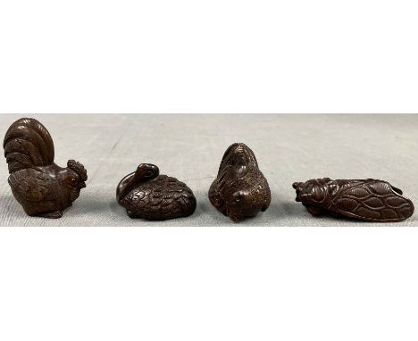 4 Netsuke. Wohl Japan antik.Hartholz geschnitzt. Wohl 3 x Marken, signiert?4 netsuke. Probably Japan antique.Carved hardwood.