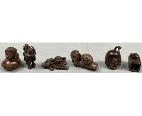 6 Netsuke, Figuren. Hartholz geschnitzt. Teils signiert?Wohl Japan antik. Maße siehe Fotos.6 netsuke, figures. Carved hardwoo