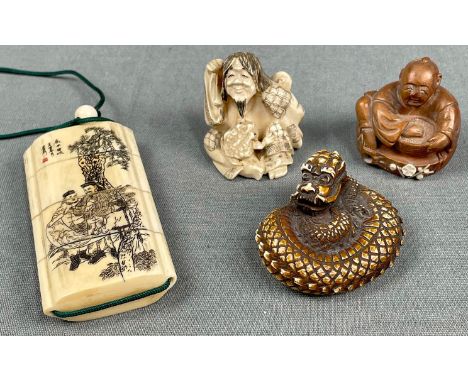 3 Netsuke. 1 x  Marke? Signiert? Ein Inro. Wohl Japan antik.Maße siehe Fotos.3 netsuke. 1 x mark? Signed? An inro. Probably J