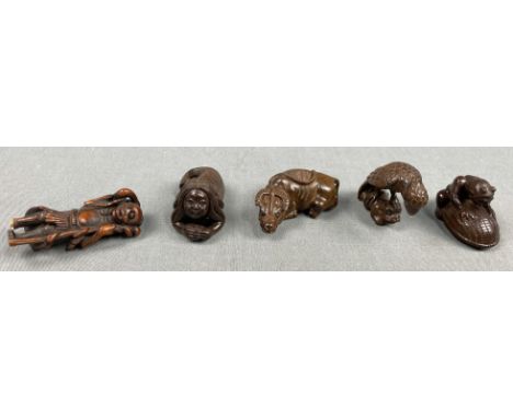 5 Netsuke. Wohl Japan antik. Hartholz geschnitzt. 4 x Marke, signiert?5 netsuke. Probably Japan antique. Carved hardwood. 4 x