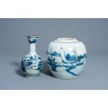 A Chinese blue and white ginger jar and a vase with a river landscape, 19th C.