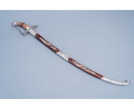 Full title: AÊ ceremonial Vietnamese 'guom' sword with silver and mother-of-pearl inlaid wooden scabbard with dragon design, 