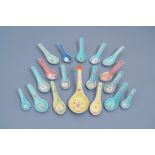 A varied collection of Chinese famille rose yellow, blue, red and turquoise ground spoons, 20th C.
