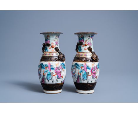 Full title: A pair of fine Chinese Nanking crackle glazed famille rose vases with warrior scenes and dragons chasing the pear