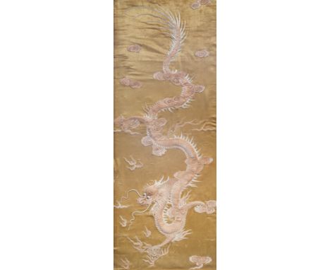 Full title: A Chinese vertical silk embroidery with a dragon chasing the pearl, 19th C.Description: Work: ca. 104,5 x 40,5 cm