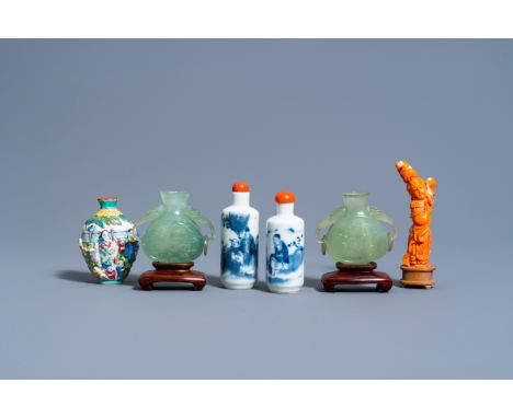 Full title: A Chinese carved red coral figure of a lady on a wood base and five various jadeite and porcelain snuff bottles, 