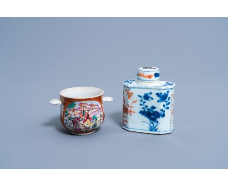 Full title: A Chinese Imari style tea caddy and a famille rose 'Mandarin' jar with shell handles, QianlongDescription: H 11,8