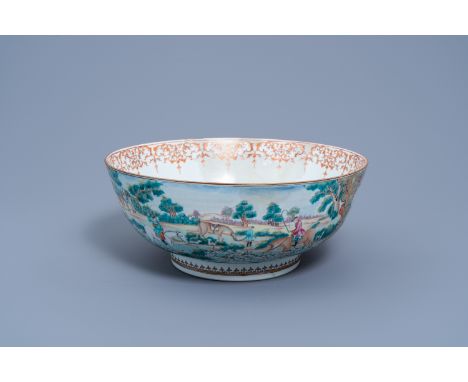 Full title: A large Chinese export famille rose 'hunting' bowl, QianlongDescription: H 16,5 cm - Dia.: 38,8 cmCondition:The a