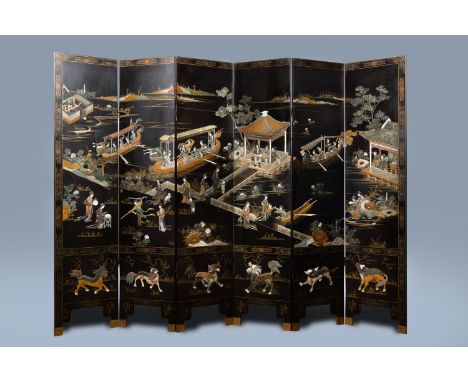 Full title: A Chinese six-part folding screen inlaid with bone, mother-of-pearl and various semi-precious stones, 20th CDescr