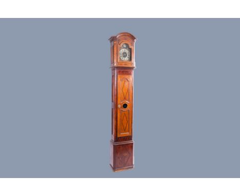 Full title: A large French wood longcase clock with various wood inlays, 19th C.Description: H 275 - L 51 - D 27,5 cmThe work