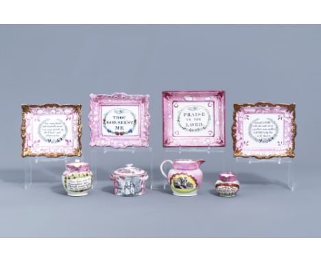 Full title: A varied collection of English pink lustreware items with texts, 19th C.Description: H 12 - 7,2 cm (the tallest a