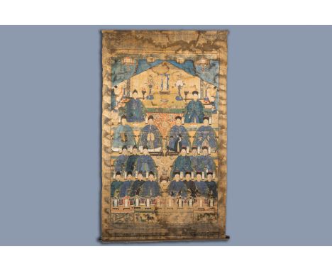 Full title: Chinese school: A large ancestor portrait, ink and colours on canvas, 19th C.Description: 213 x 130 cm (with moun