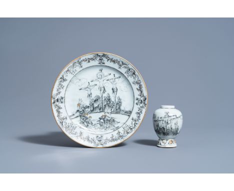 Full title: A Chinese grisaille 'Crucifixion' plate and tea caddy, QianlongDescription: Dia.: 22,5 cm (the plate)ÊH 10 cm (th