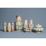 Six Chinese Canton famille rose vases, a jar and cover and a cream jug, 19th C.